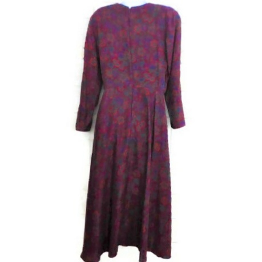 Vintage Dress Long Floral Modest Back Zip Flare Shoulder Pads Pockets L - Picture 5 of 8